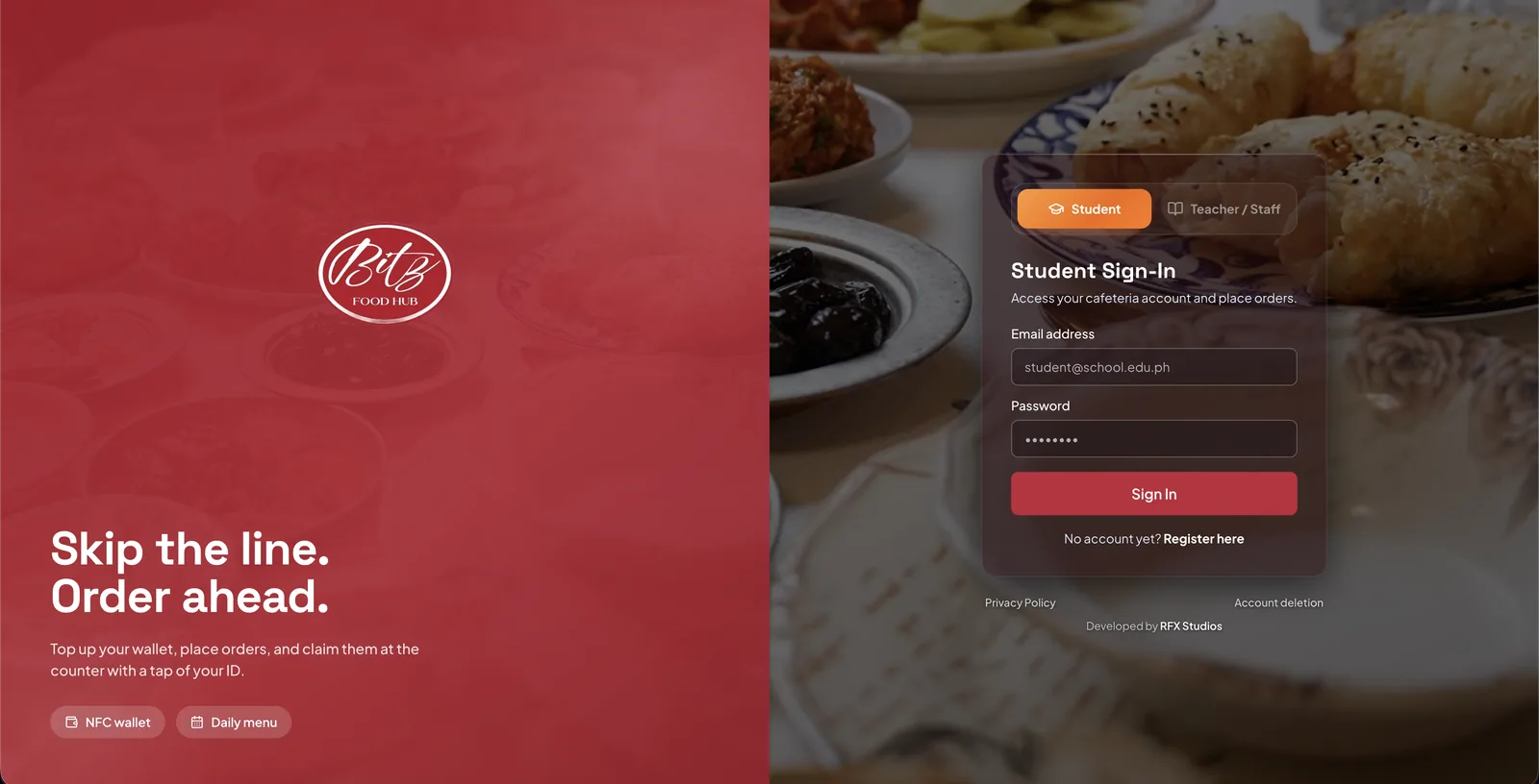 Sign-in screen of the Bitz Food Hub ordering system