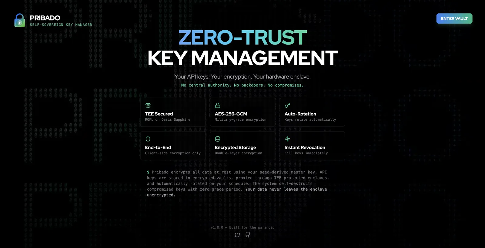 Landing page of the Pribado key manager